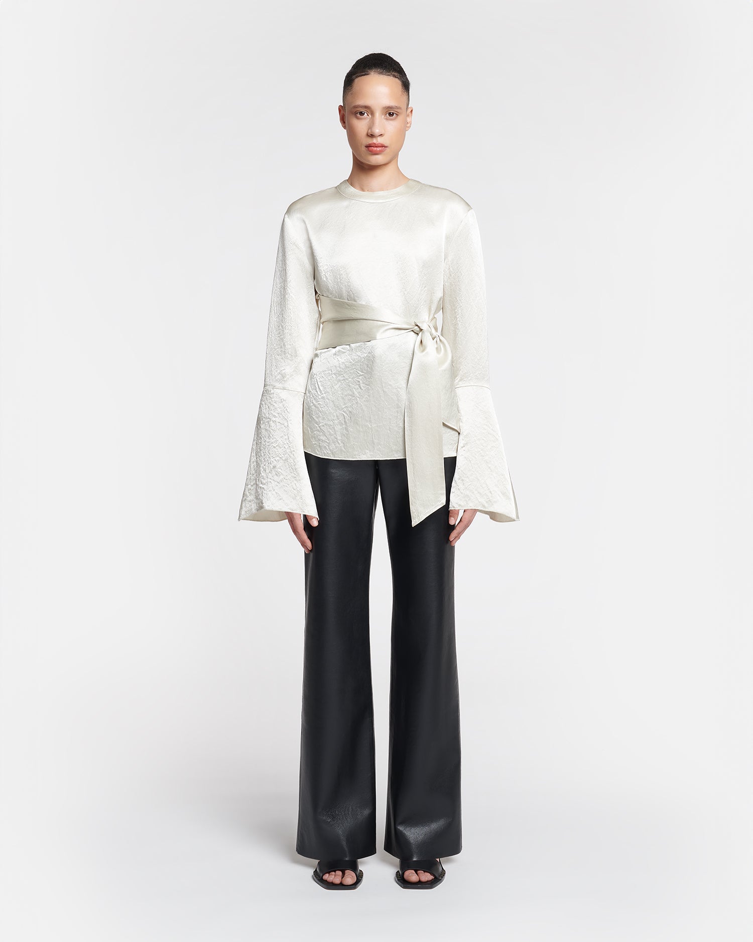 Womens | Ilone Belted Crinkled-Satin Top | Ecru