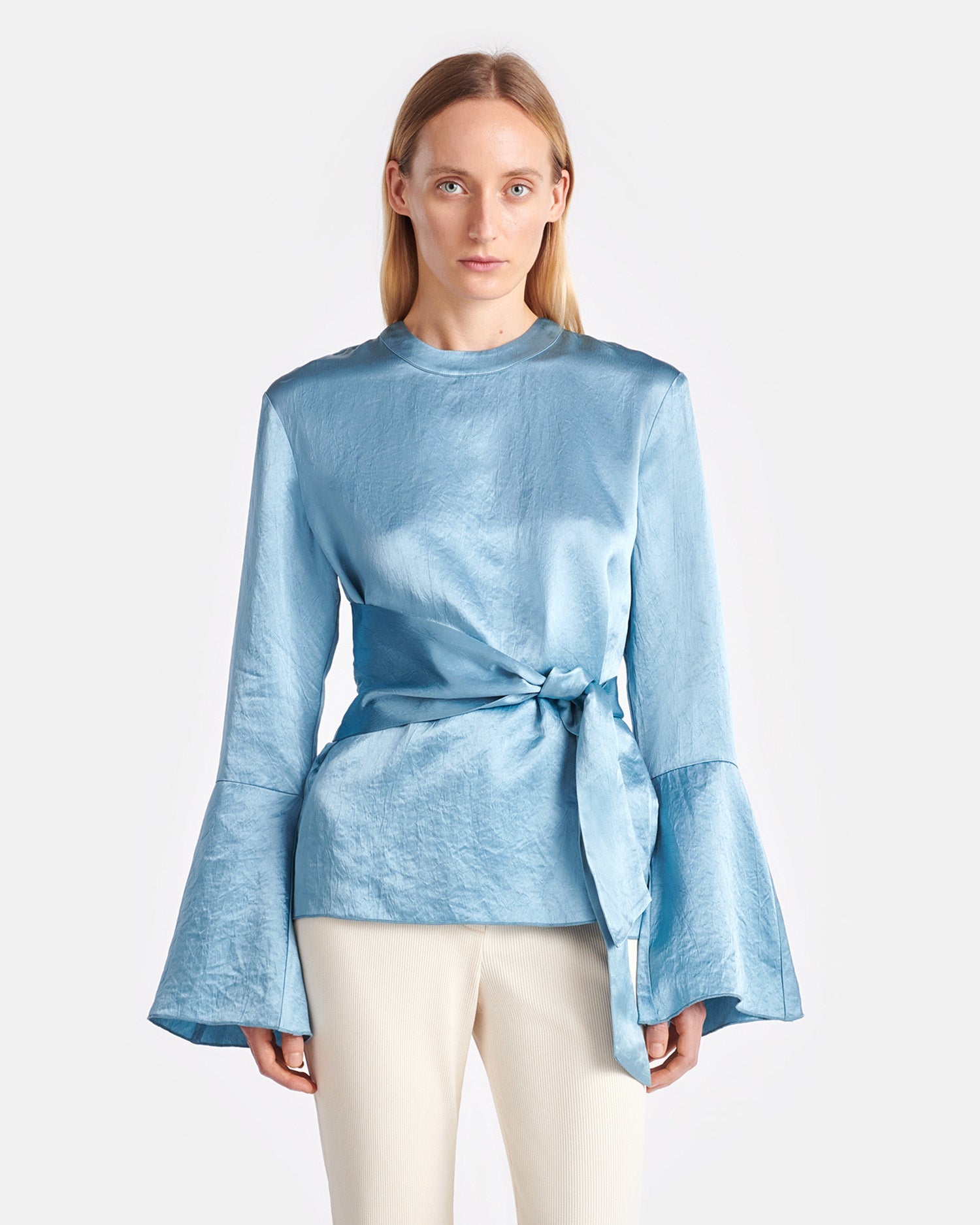 Womens | Ilone Belted Crinkled-Satin Top | Aqua