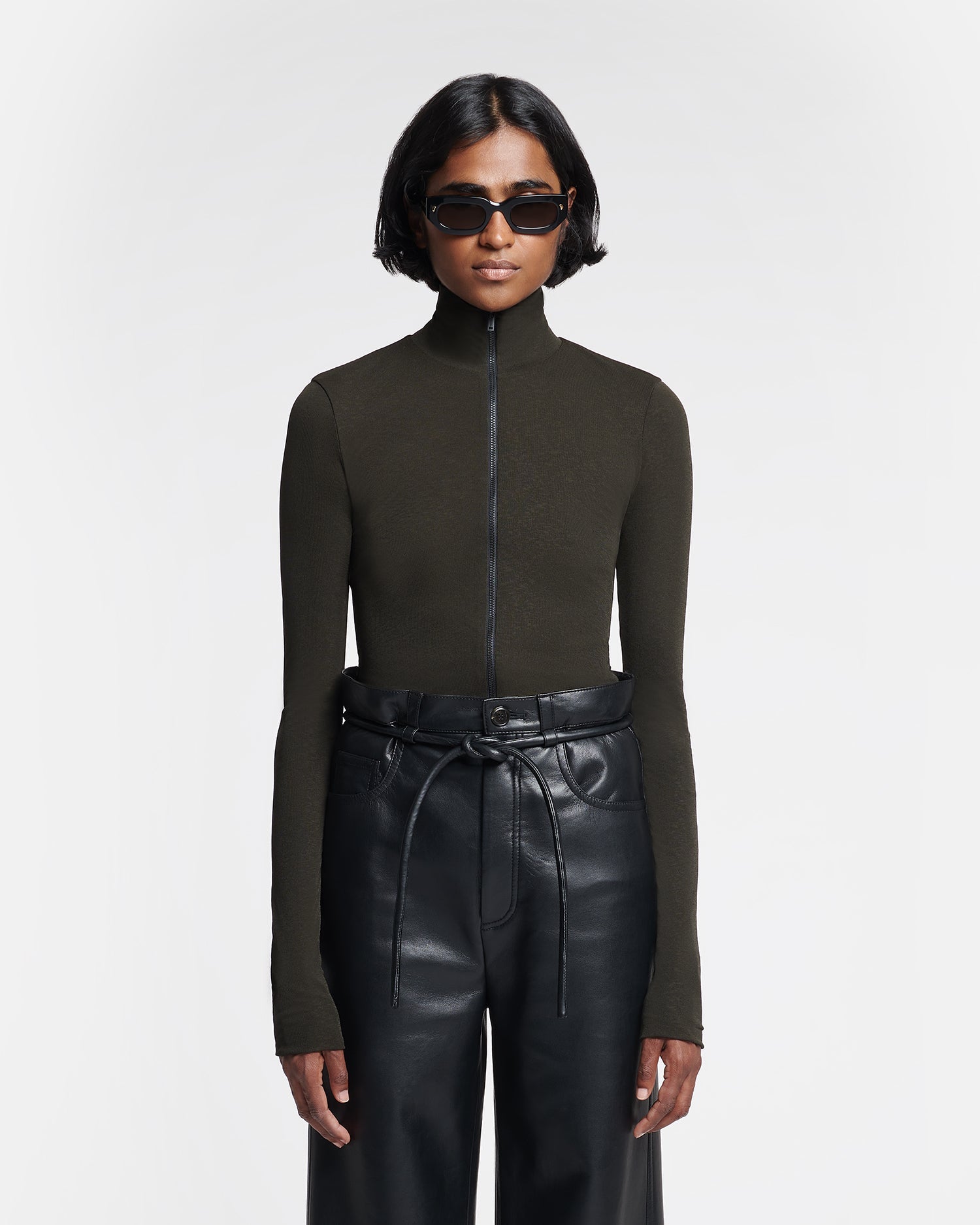 Womens | Judson Zip-Up Mesh-Jersey Turtleneck Top | Anthracite