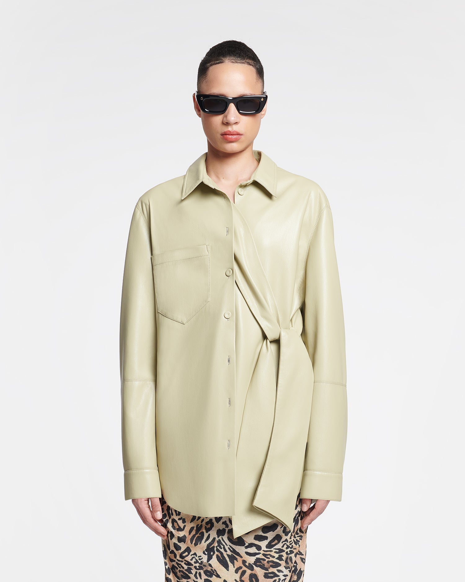 Womens | Ileka Belted Okobor Alt-Leather Shirt | Pale Olive