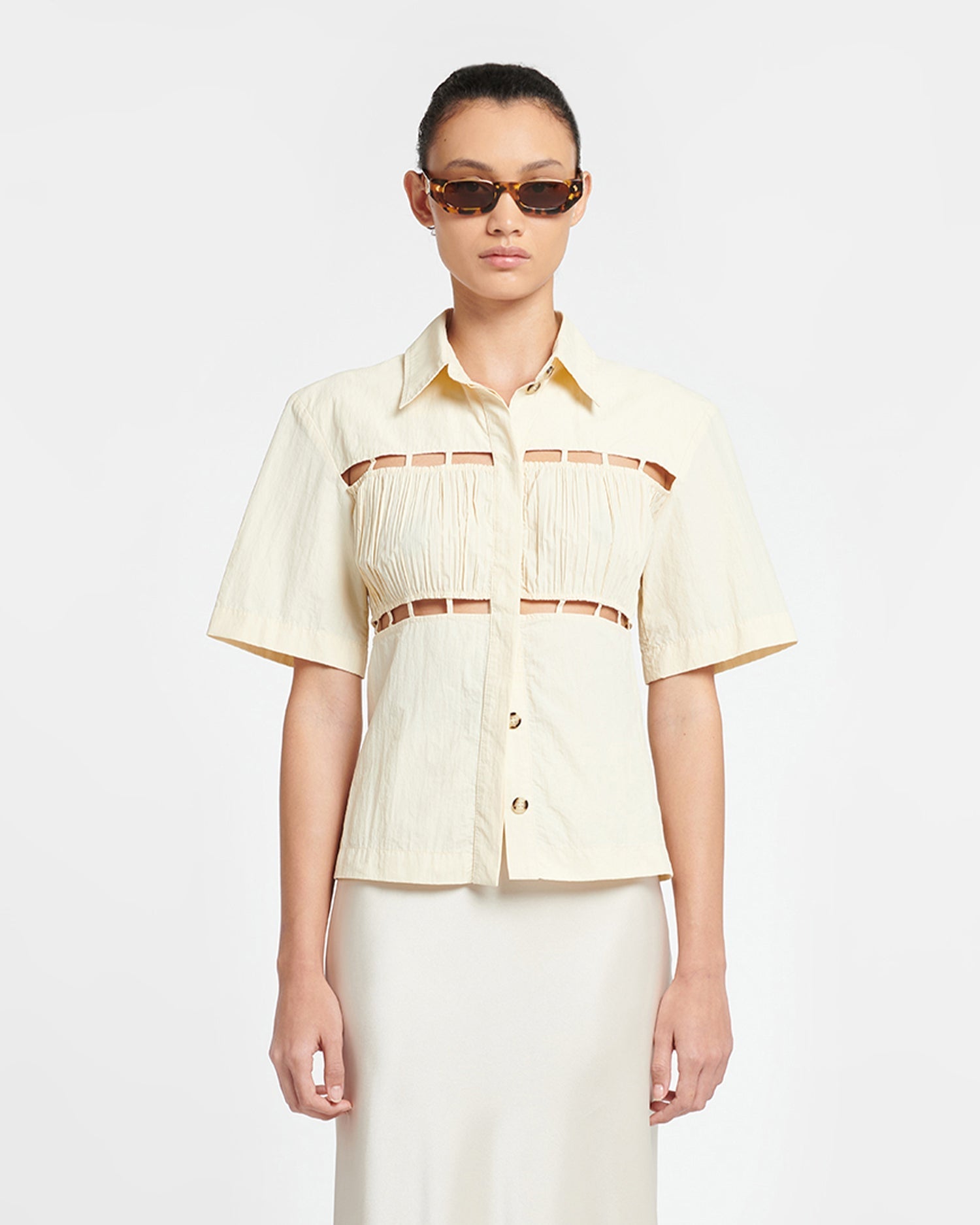 Womens | Satu Pleated Poplin Shirt | Creme