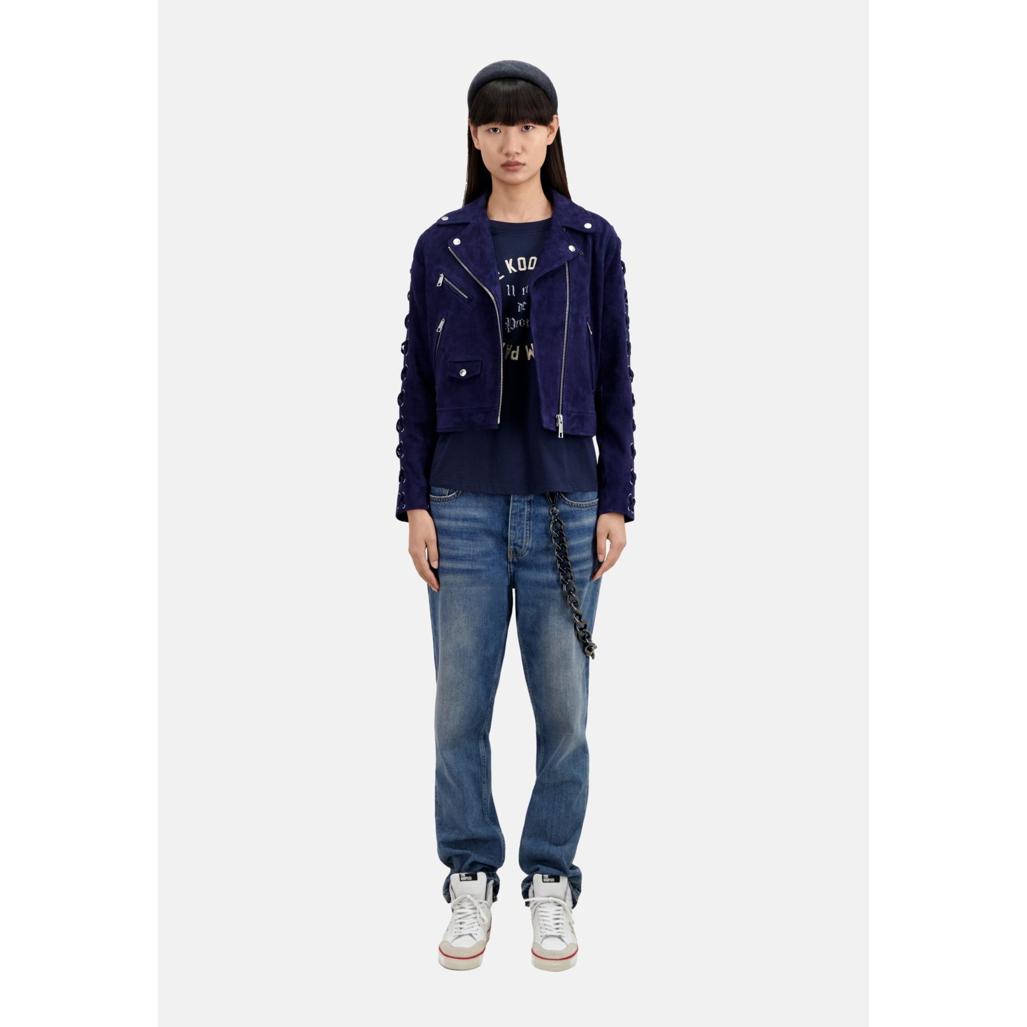 Navy Suede Leather Biker Jacket | Women | Dark Blue