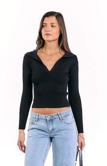 Nina Ribbed Knit Long Sleeve Sweater | Black