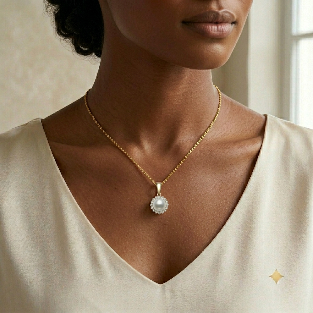 Round Pendant Necklace | 14K Yellow Gold | 0.15 Carat Lab Grown Diamond/White Akoya Pearl | 8mm - 9mm | H-I-I2-I3