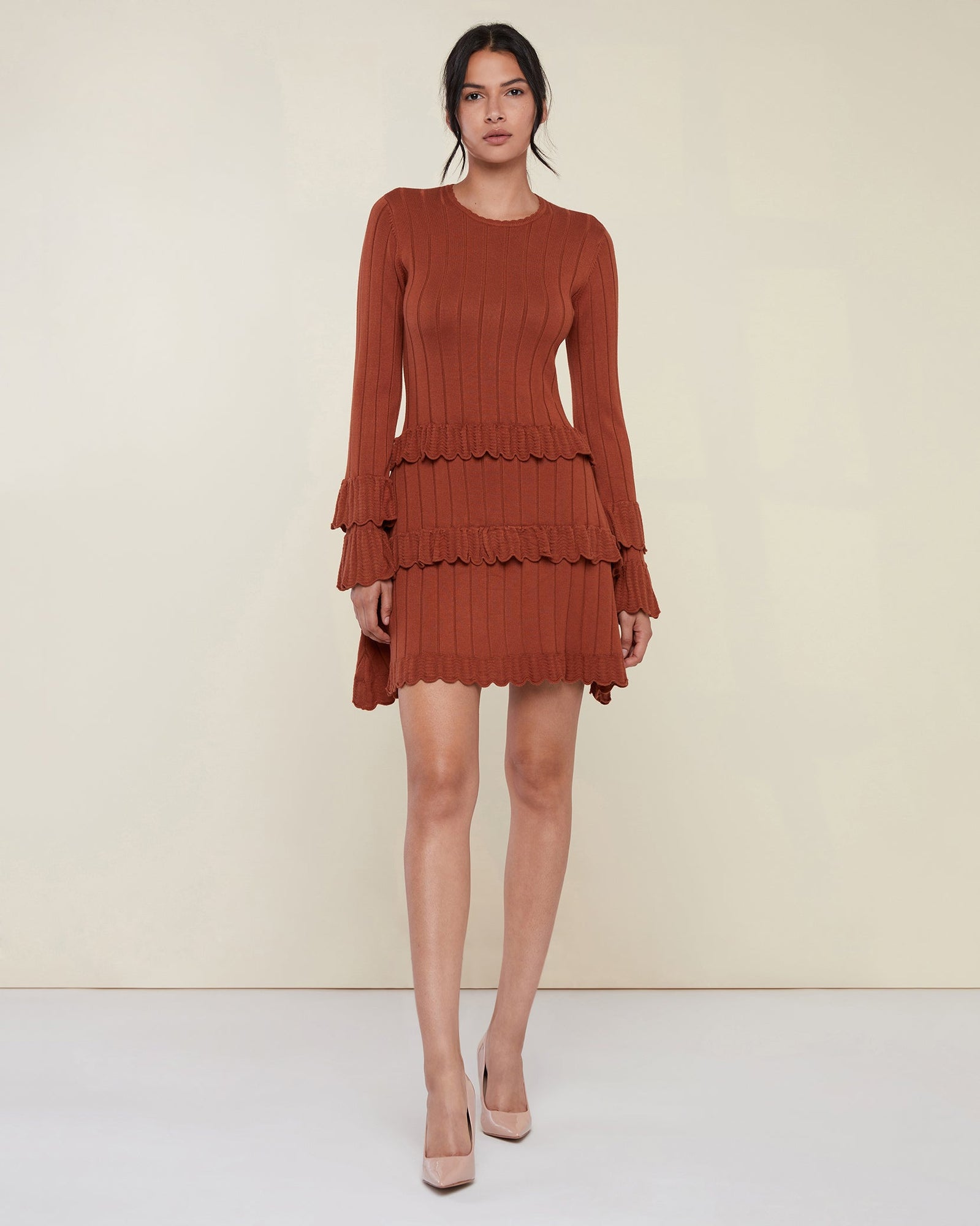 Rib Mini Dress with Pointelle Ruffles | Camel