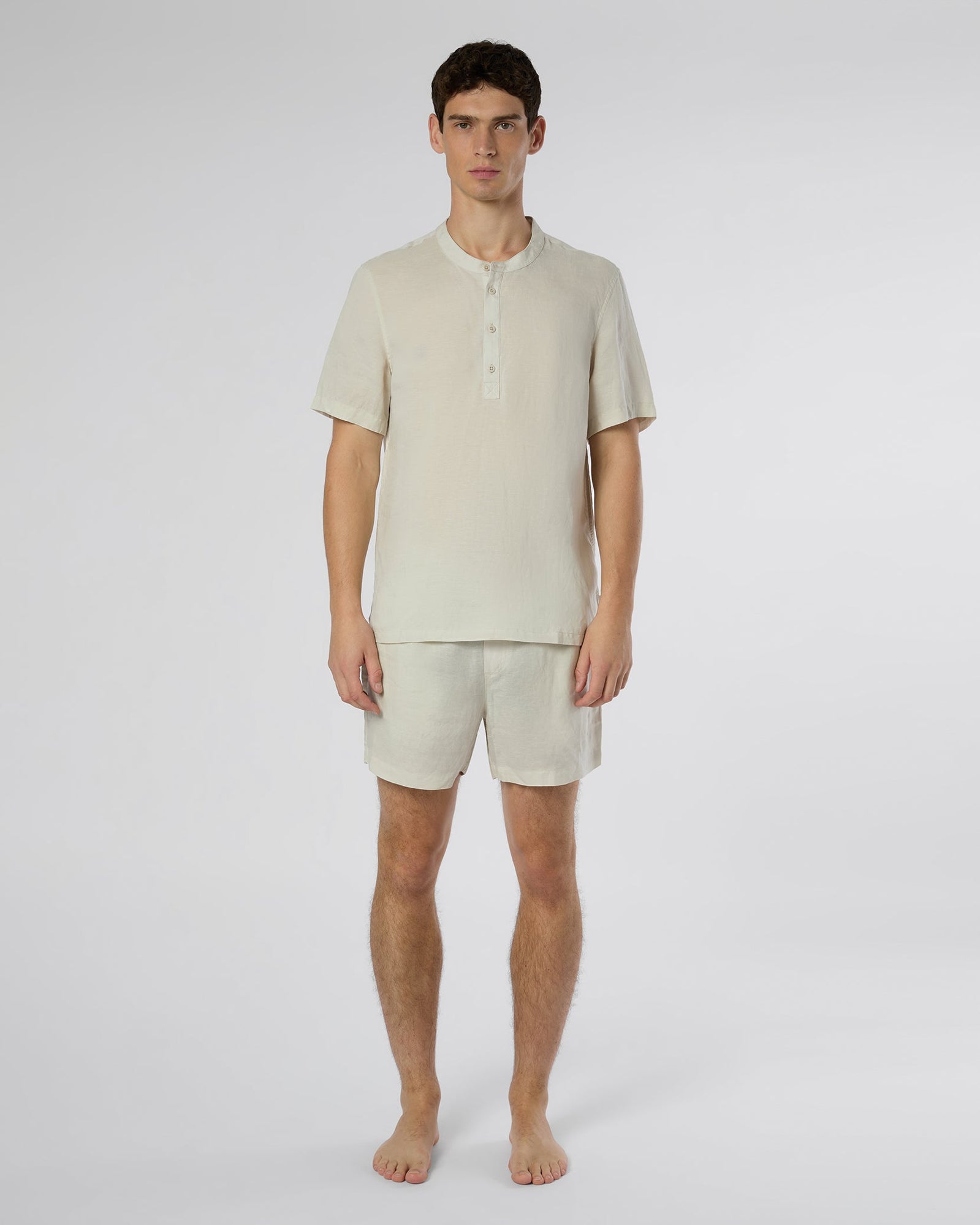 Mens | Linen Home Short Sleeve Henley Shirt | Stone