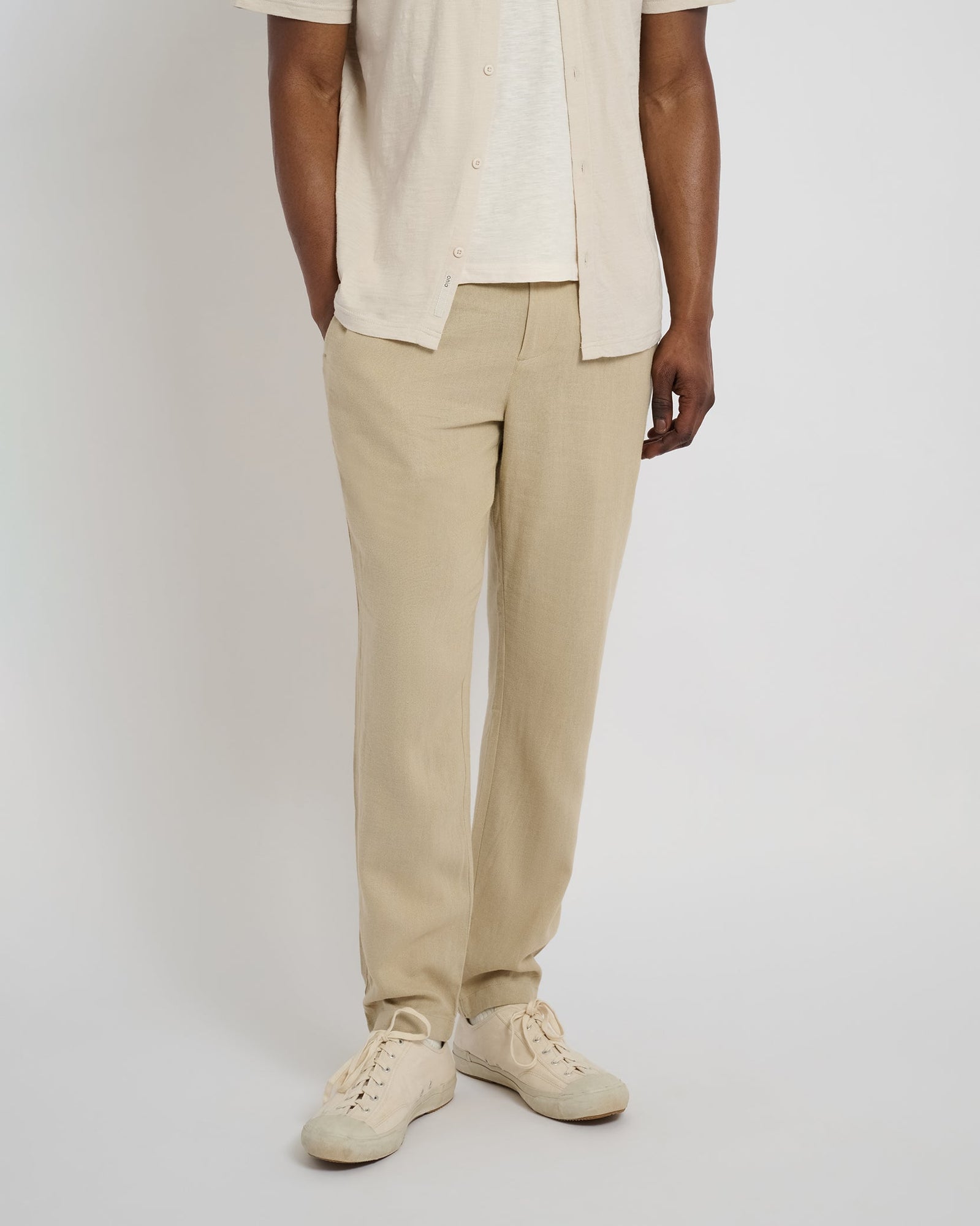 Mens | Button Front Elastic Linen Pant | Sand