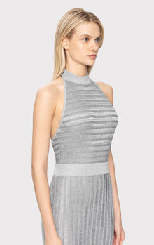 Lurex Eyelash Mock Neck Gown | Metallic Silver