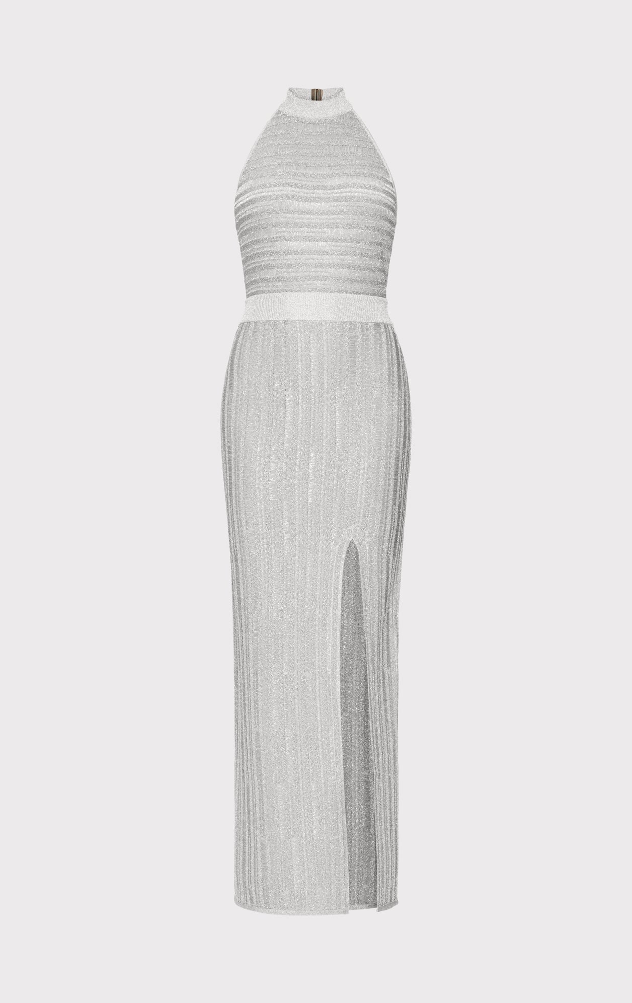 Lurex Eyelash Mock Neck Gown | Metallic Silver