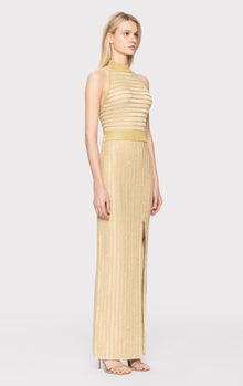 Lurex Eyelash Mock Neck Gown | Metallic Gold