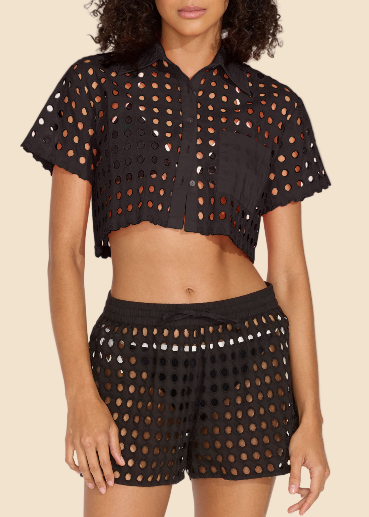 Womens | Cropped Cabana Shirt Classic Eyelet | Noir