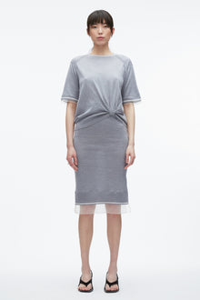 French Tuck Knit Dress with Organza | Grey Melange