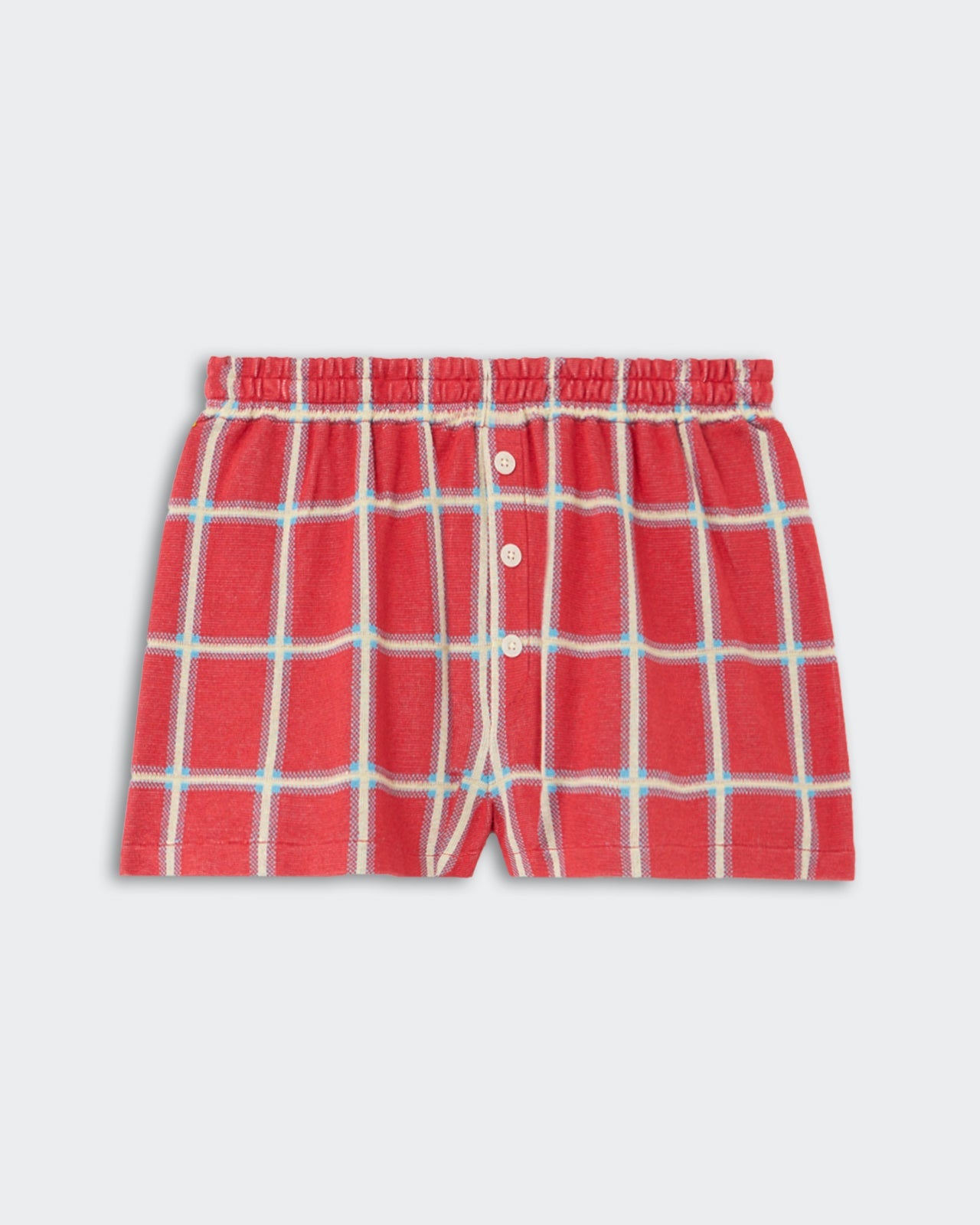 Picnic Plaid Short - Scarlet Combo, casual shorts in vibrant scarlet featuring a large plaid pattern in white and light blue, with an elastic waistband and front button closure, shown flat.