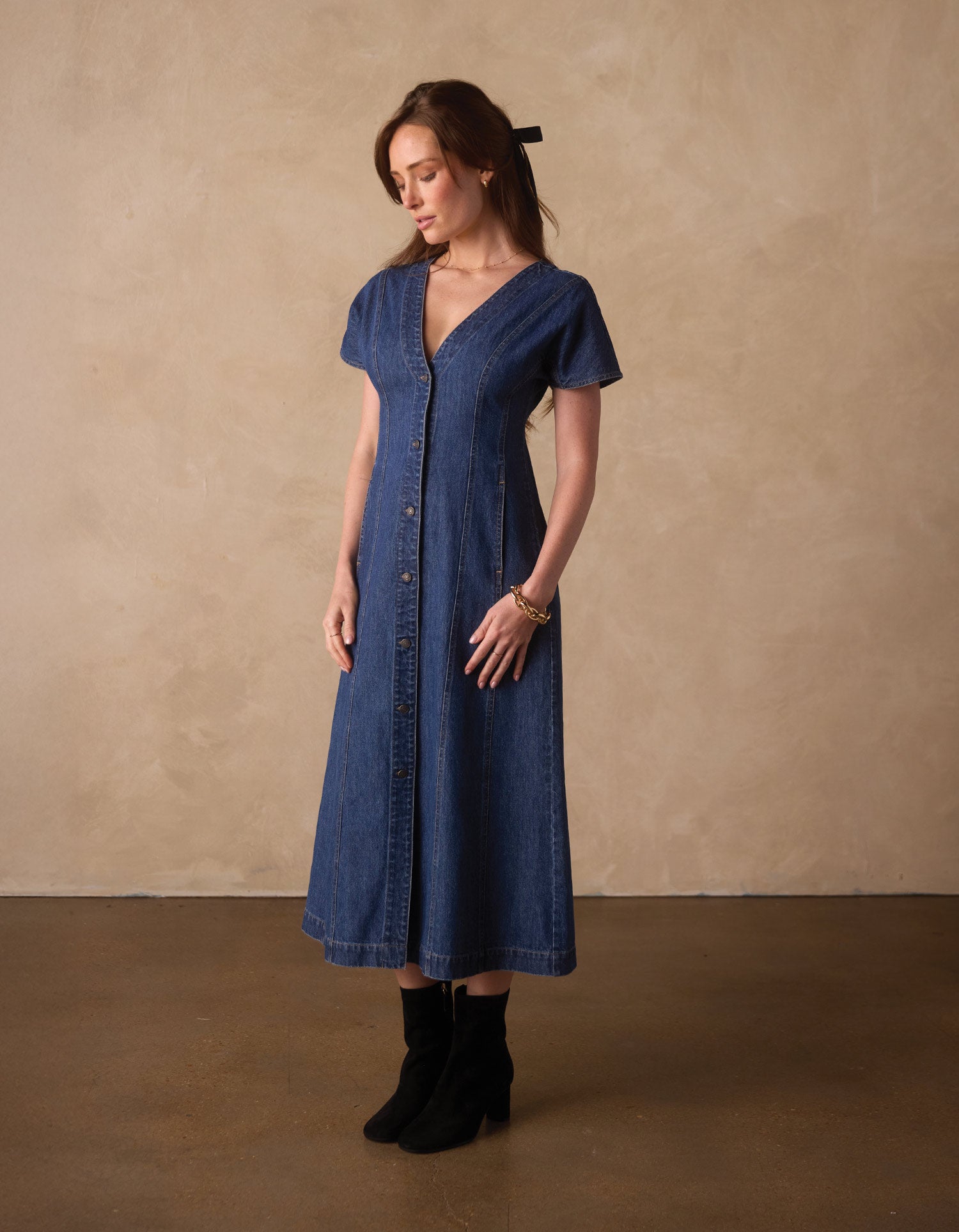 Women | Denim Seamed Midi Dress | Medium Wash