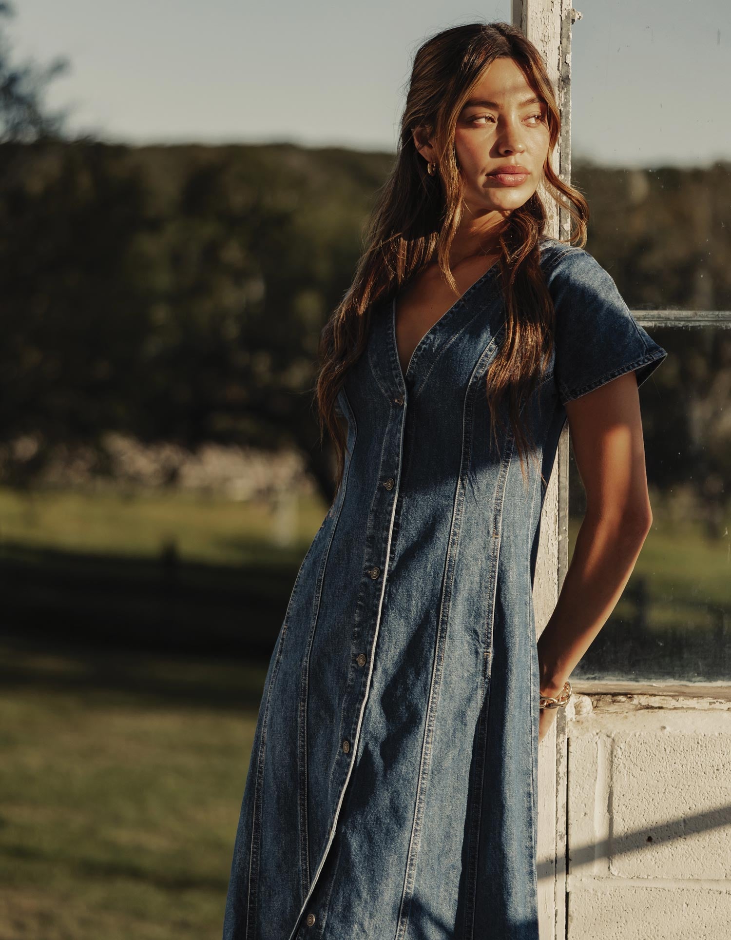 Women | Denim Seamed Midi Dress | Medium Wash