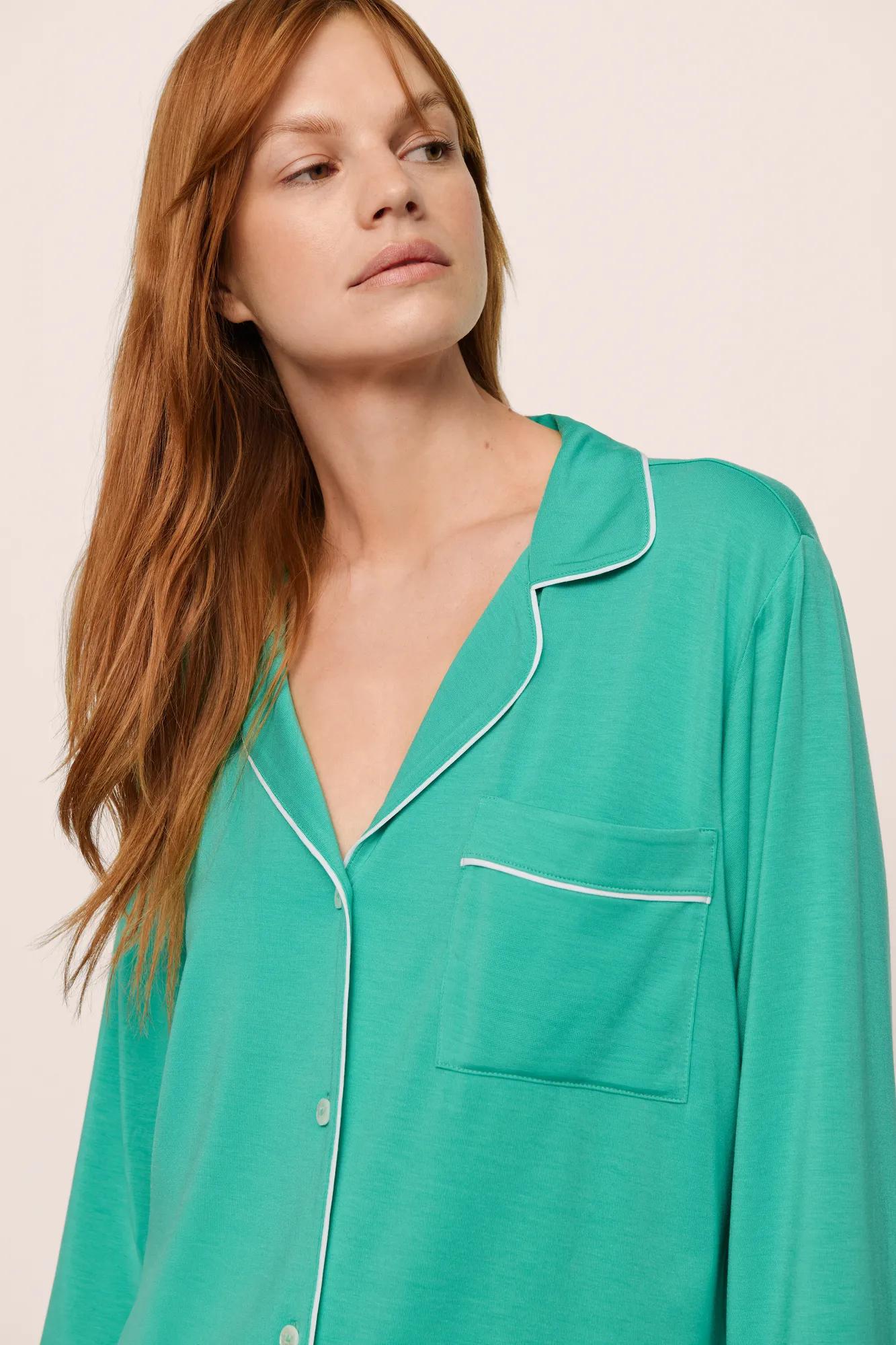 Model is wearing Gisele TENCEL Modal Long PJ Set in  Oasis Green/White