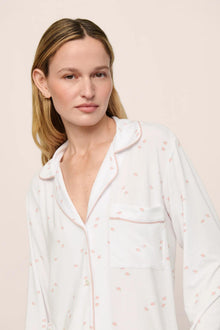 Model is wearing Gisele Printed TENCEL Modal Long PJ Set in SummerDaisyWhite/PaleMauve