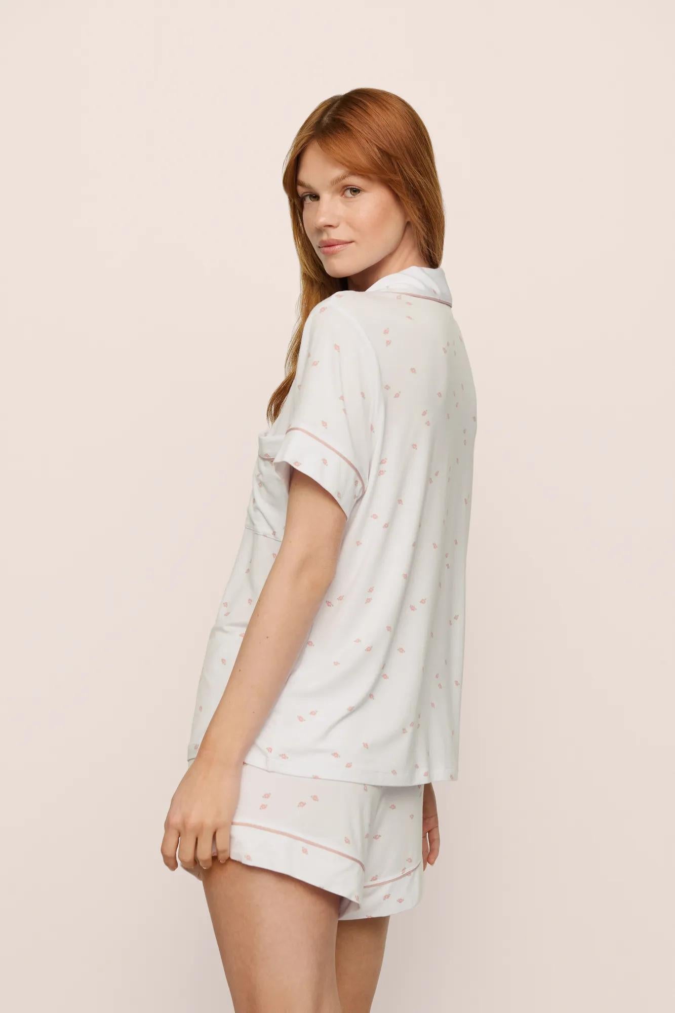 Model is wearing Gisele Printed TENCEL Modal Relaxed Short PJ Set in SummerDaisyWhite/PaleMauve