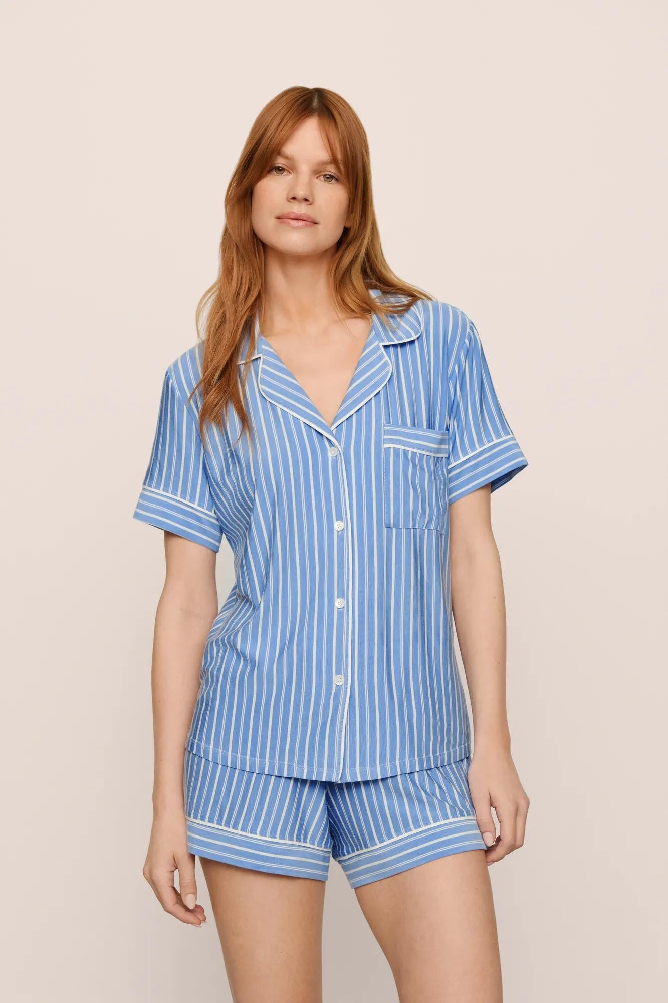 Model is wearing Gisele Printed TENCEL Modal Relaxed Short PJ Set in  Nordic Stripes Vista Blue/Ivory