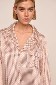 Model is wearing Inez Washable Silk Printed Long PJ Set  in Geo Sphere Silver Pink/Silver Pink