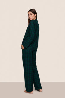 Model is wearing Flannel Long PJ Set  in Blk Watch Tartan Rainforest/Na