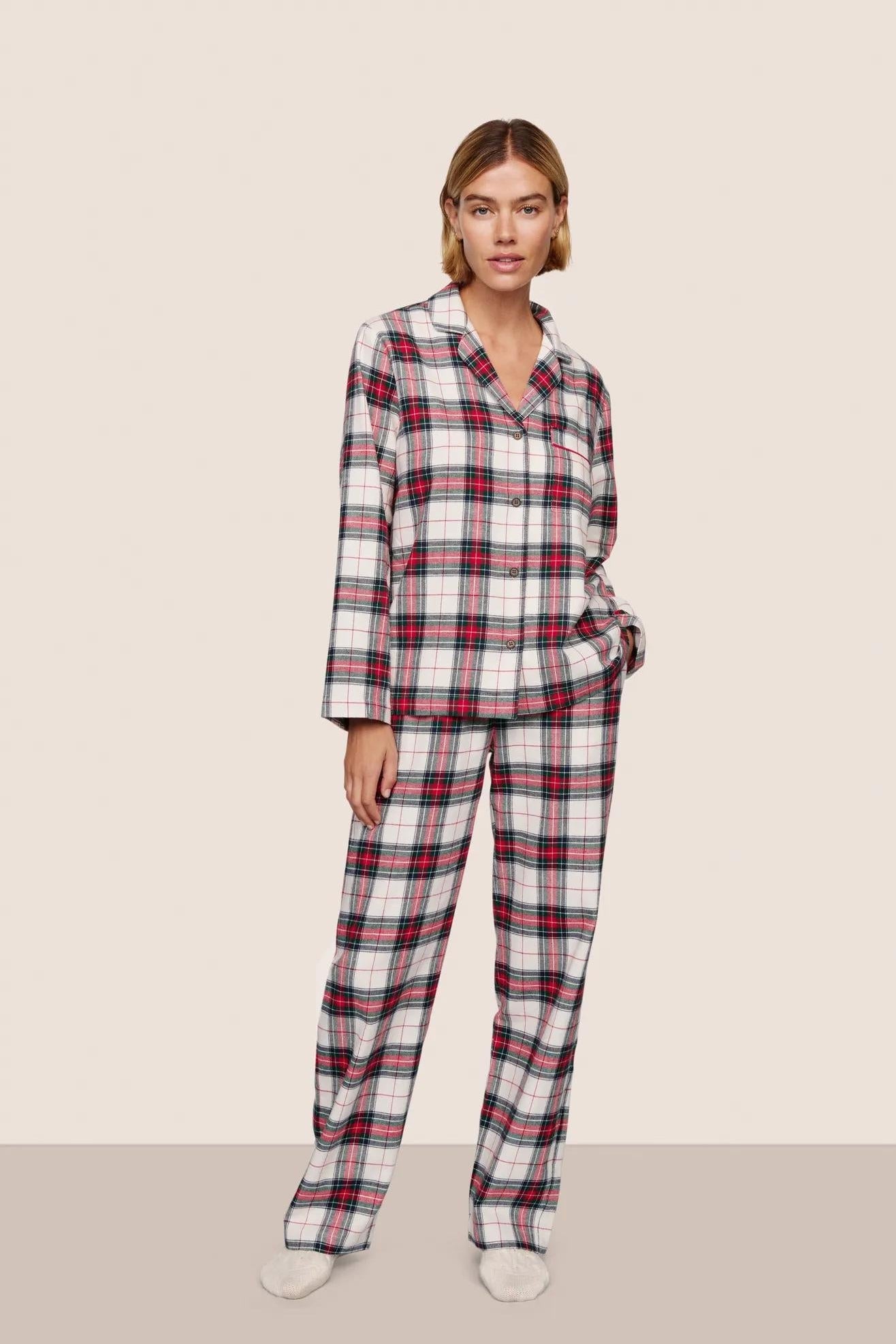Model is wearing Flannel Long PJ Set  in Tartan Plaid Ivory/Holly Red