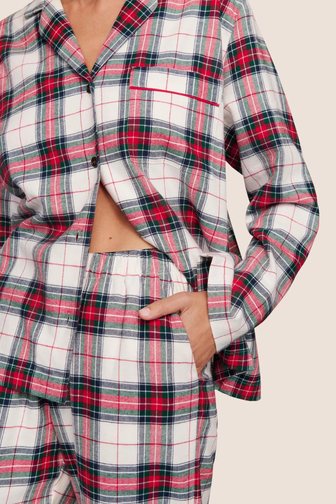 Model is wearing Flannel Long PJ Set  in Tartan Plaid Ivory/Holly Red