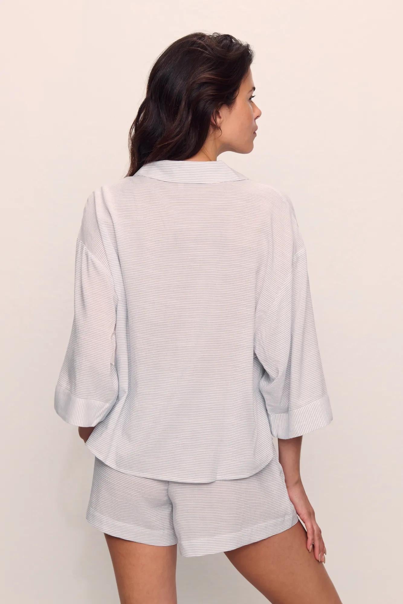 Model is wearing Nautico Relaxed Short PJ Set in  Feeder Stripes White/Peppercorn