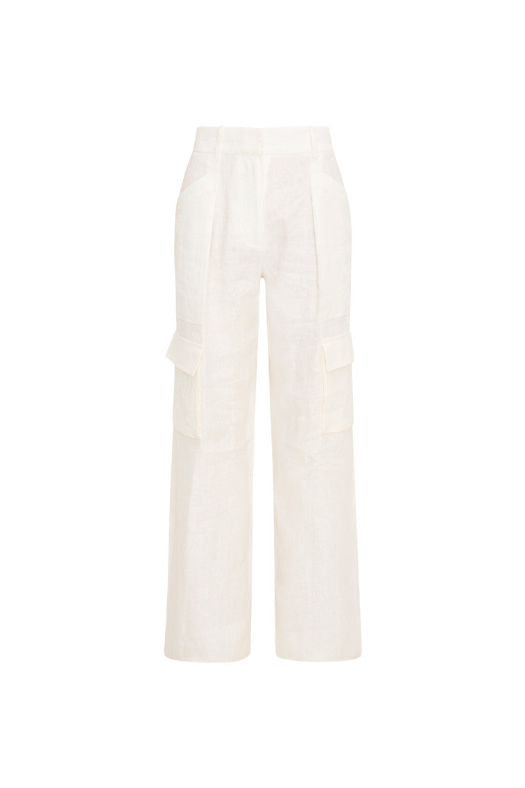 Linen straight leg cargo pants featuring pockets on each leg and on the side, and a center front zipper.