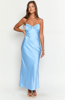 Front view of a light blue satin maxi dress with a gathered sweetheart neckline and thin spaghetti straps
