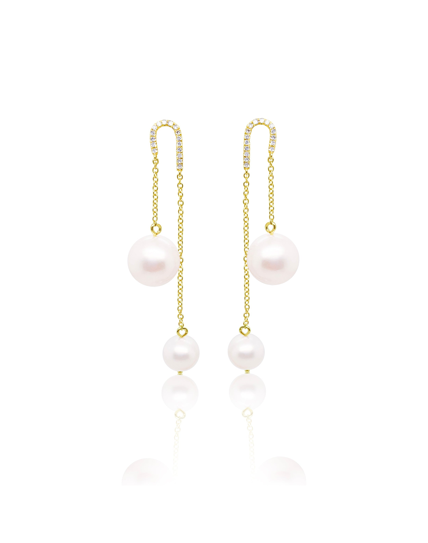Pearl Chain .09 Ct Diamond Encrusted Earrings | 14 Kt Yellow Gold