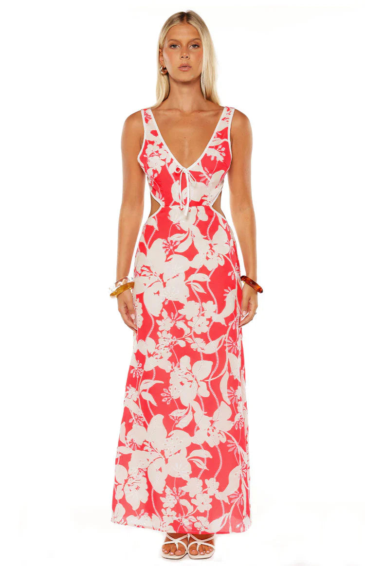 Perez Floral Cut Out Maxi Dress | Red