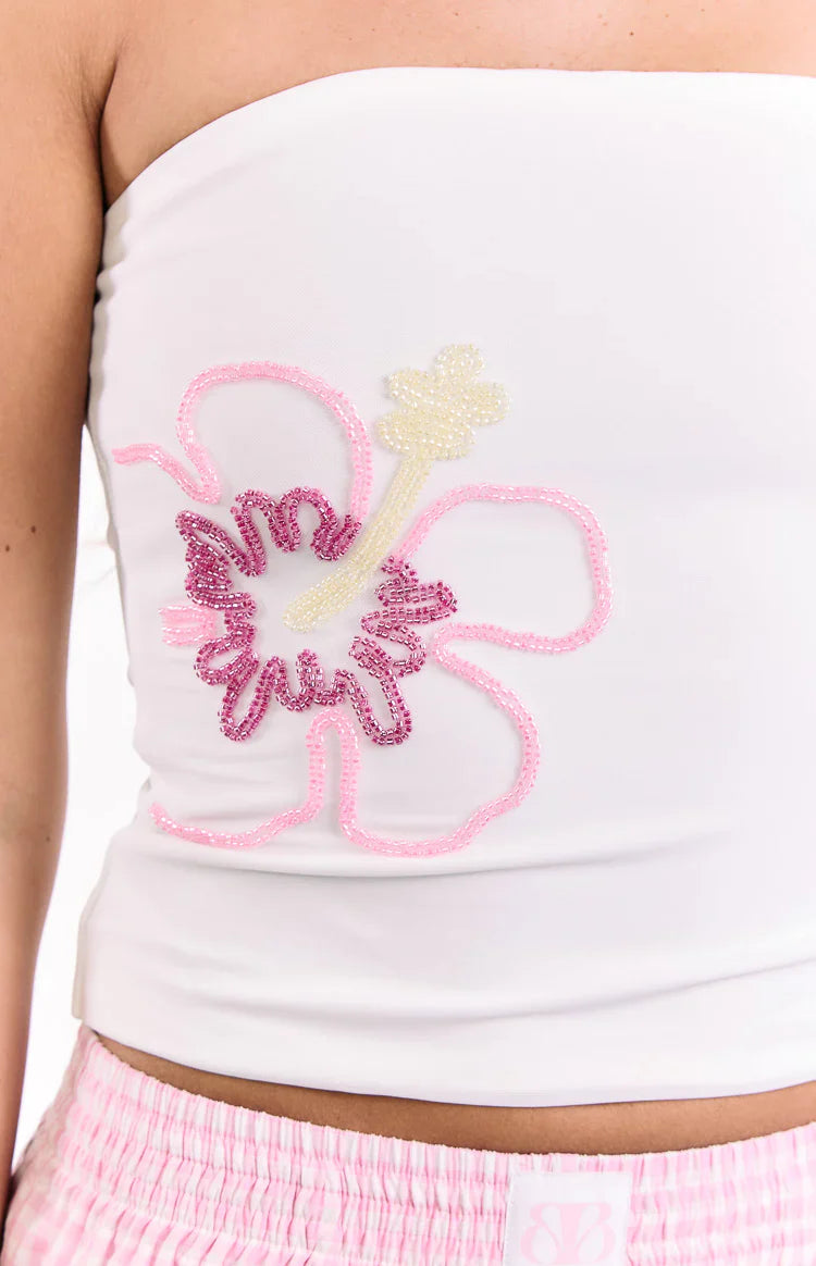 Pippen Floral Beaded Strapless Top | White