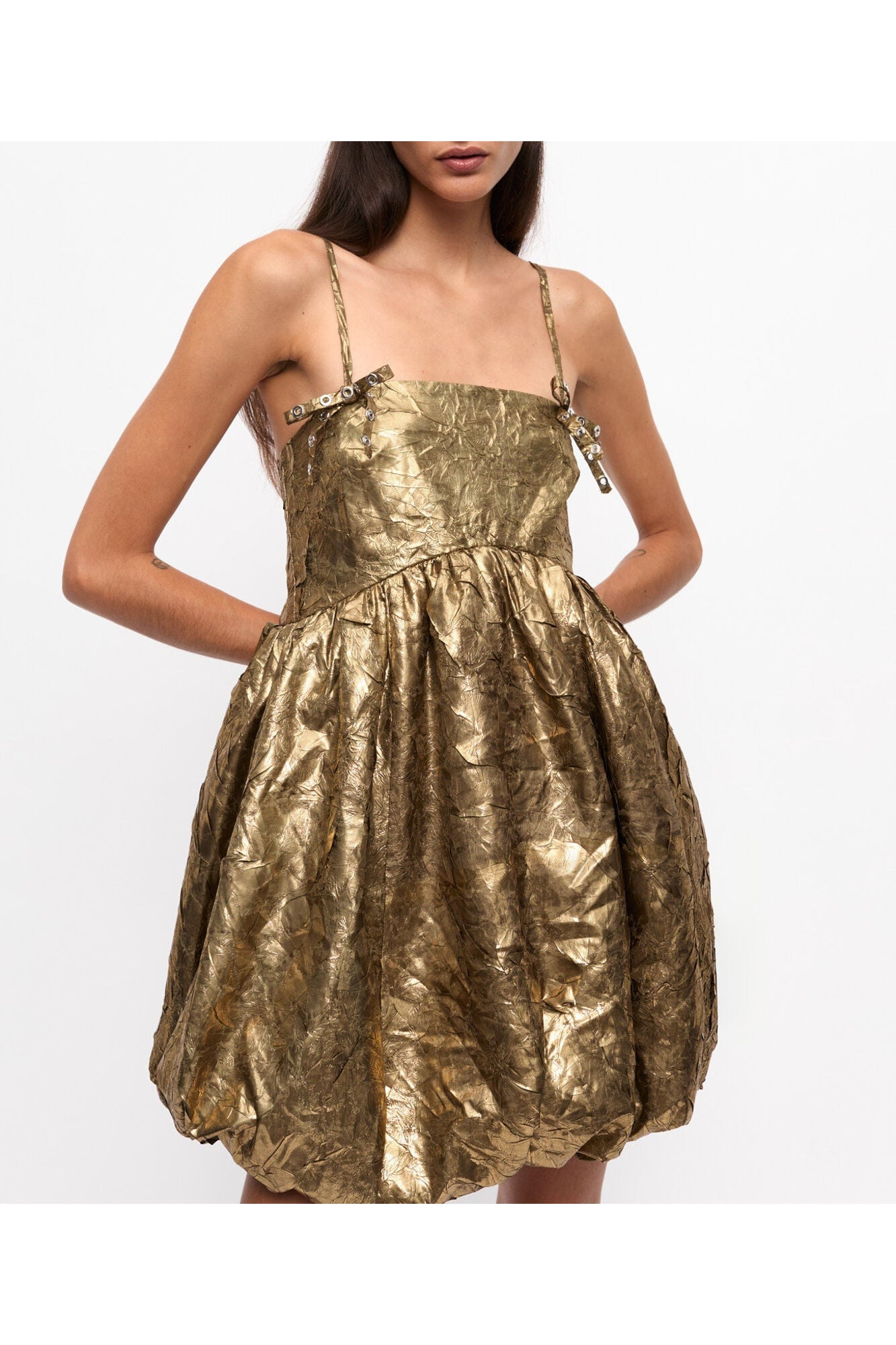 Pleat Strap Mini Dress | Gold