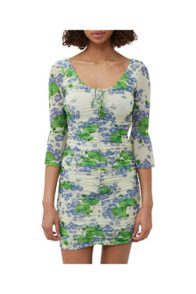 Printed Mesh U neck Ruched Mini Dress | Egret