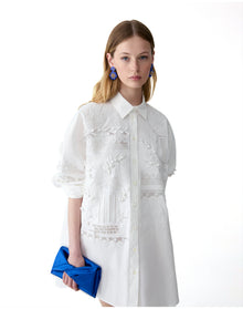 Embroidered Oversized Button Down Top | White