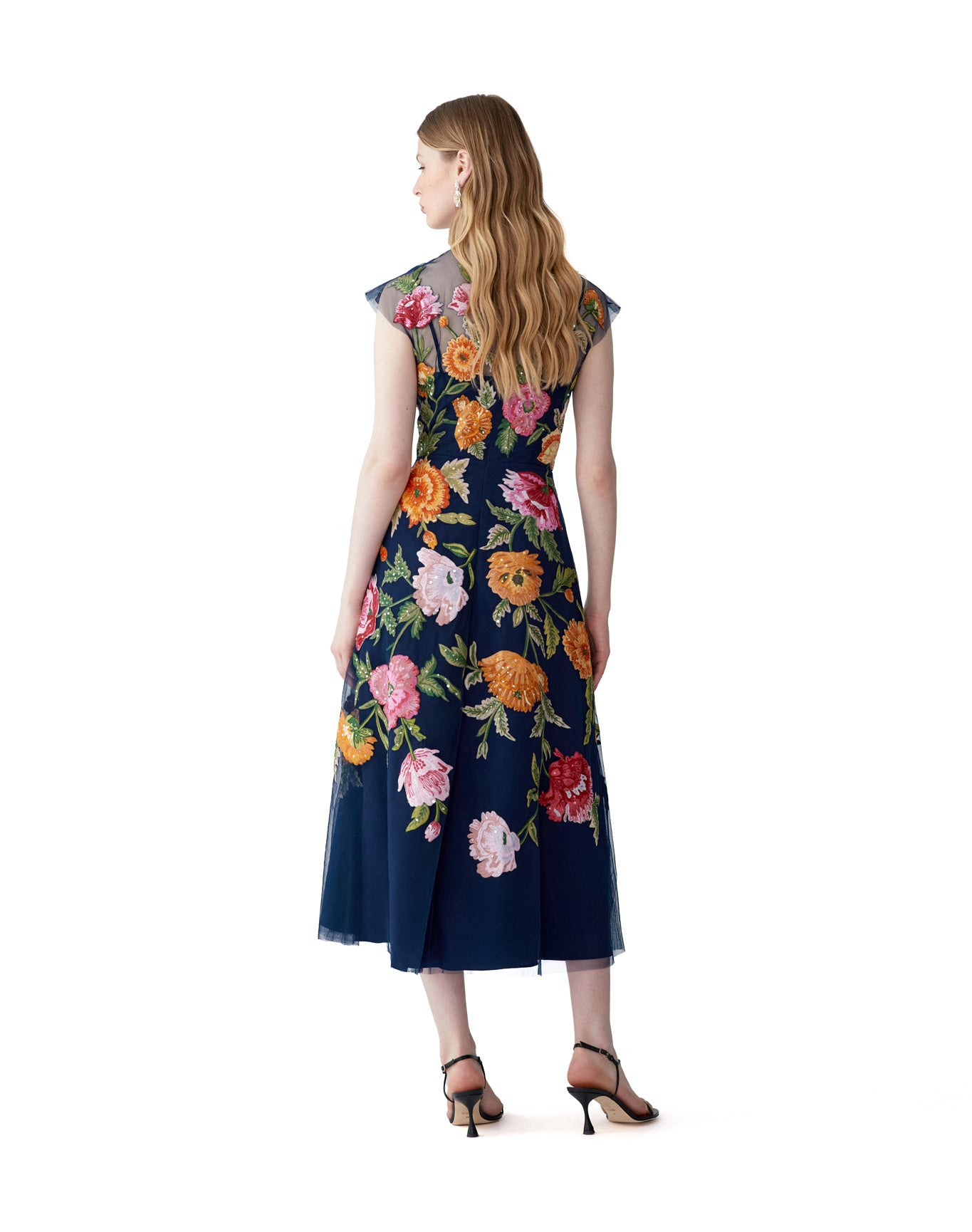 Embroidered Cap Sleeve Crewneck Midi Dress | Midnight Multi