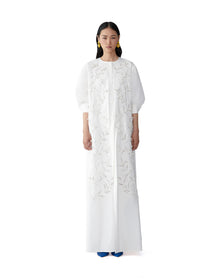 Embroidered Long Sleeve Button Front Gown | White