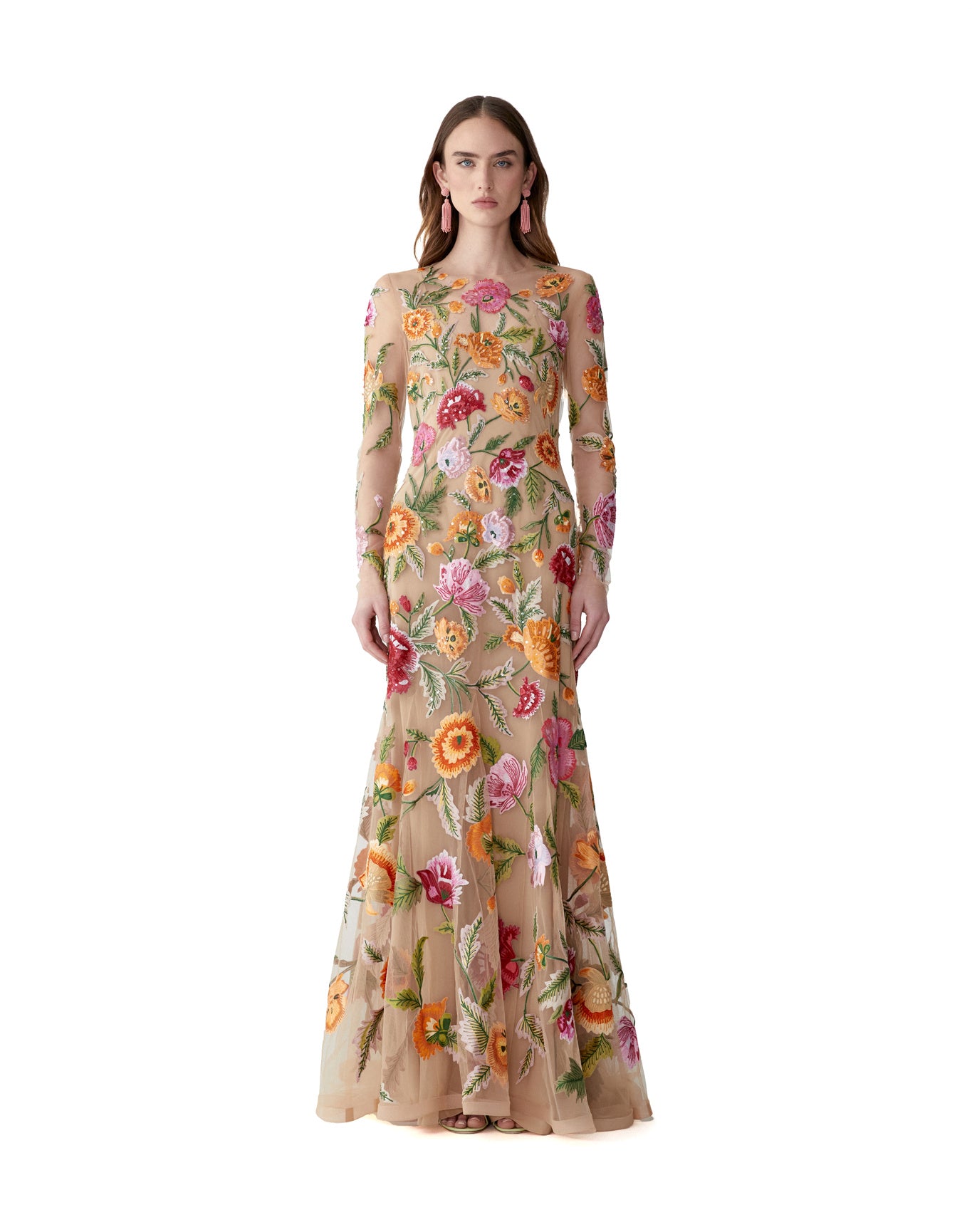 Embroidered Long Sleeve Crewneck Gown | Nude