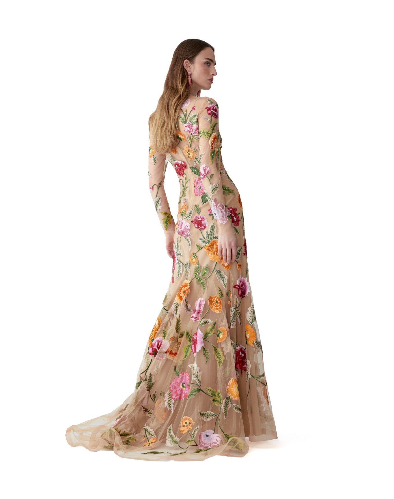 Embroidered Long Sleeve Crewneck Gown | Nude