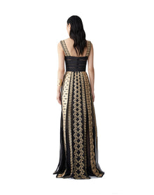 Embroidered Thick Strap A-Line Gown | Gold Multi