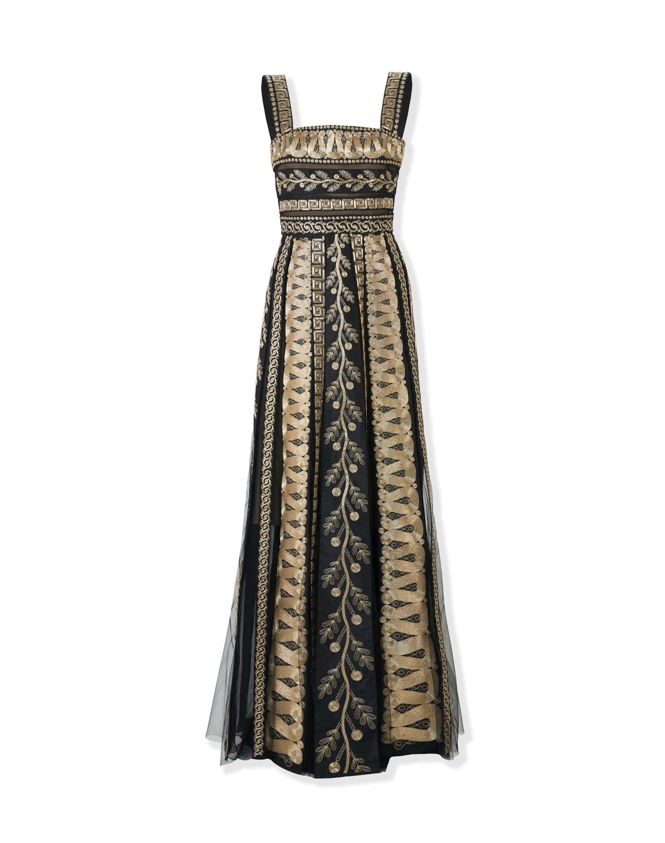 Embroidered Thick Strap A-Line Gown | Gold Multi