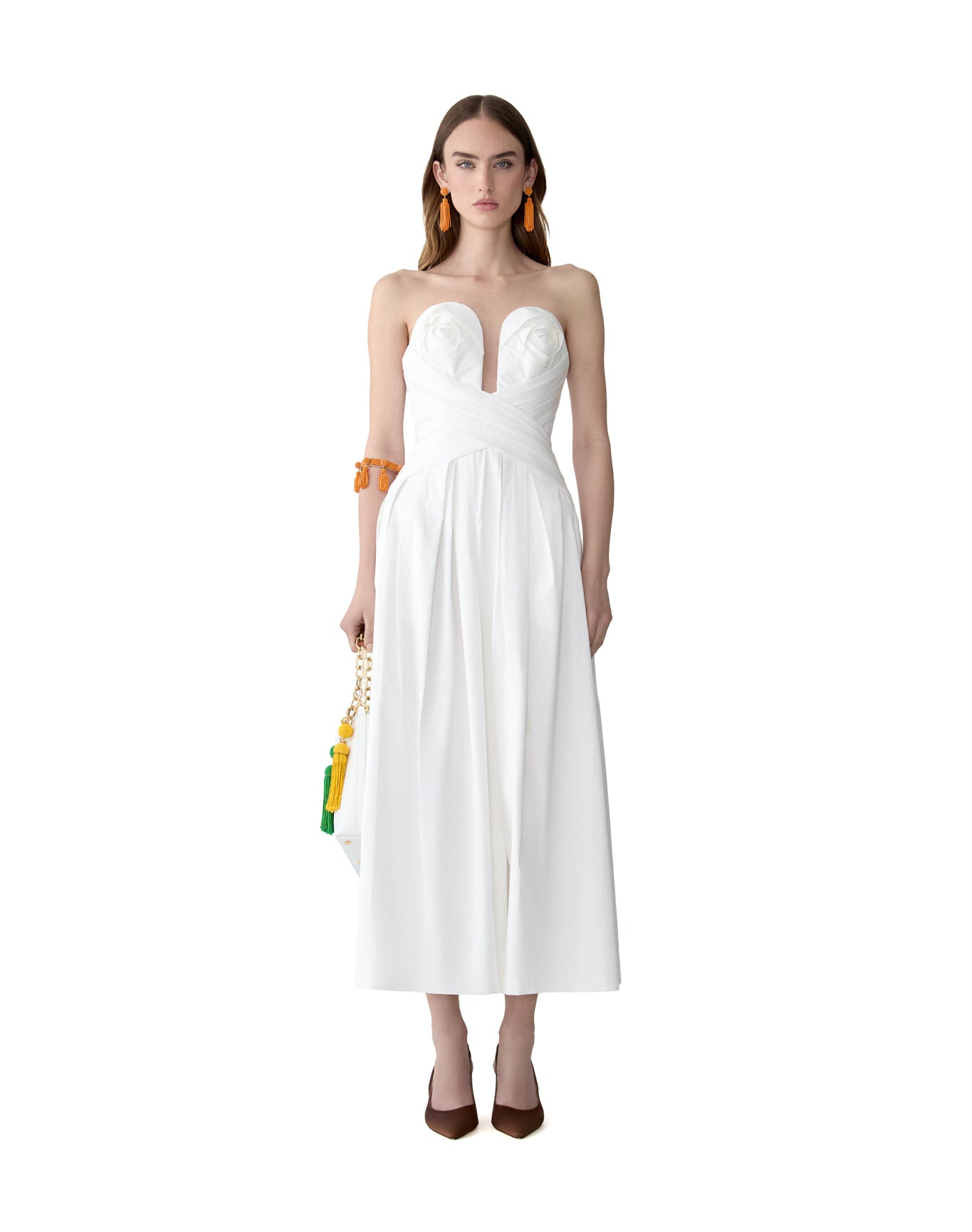 Strapless Draped A-Line Midi Dress | White