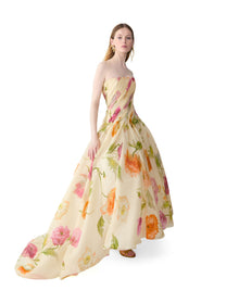 Strapless Pleated High-Low Gown | Almond Multi
