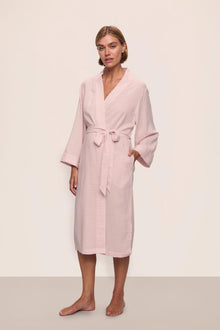 Model is wearing Nautico Midi Robe in  Feeder Stripes Pale Mauve/White