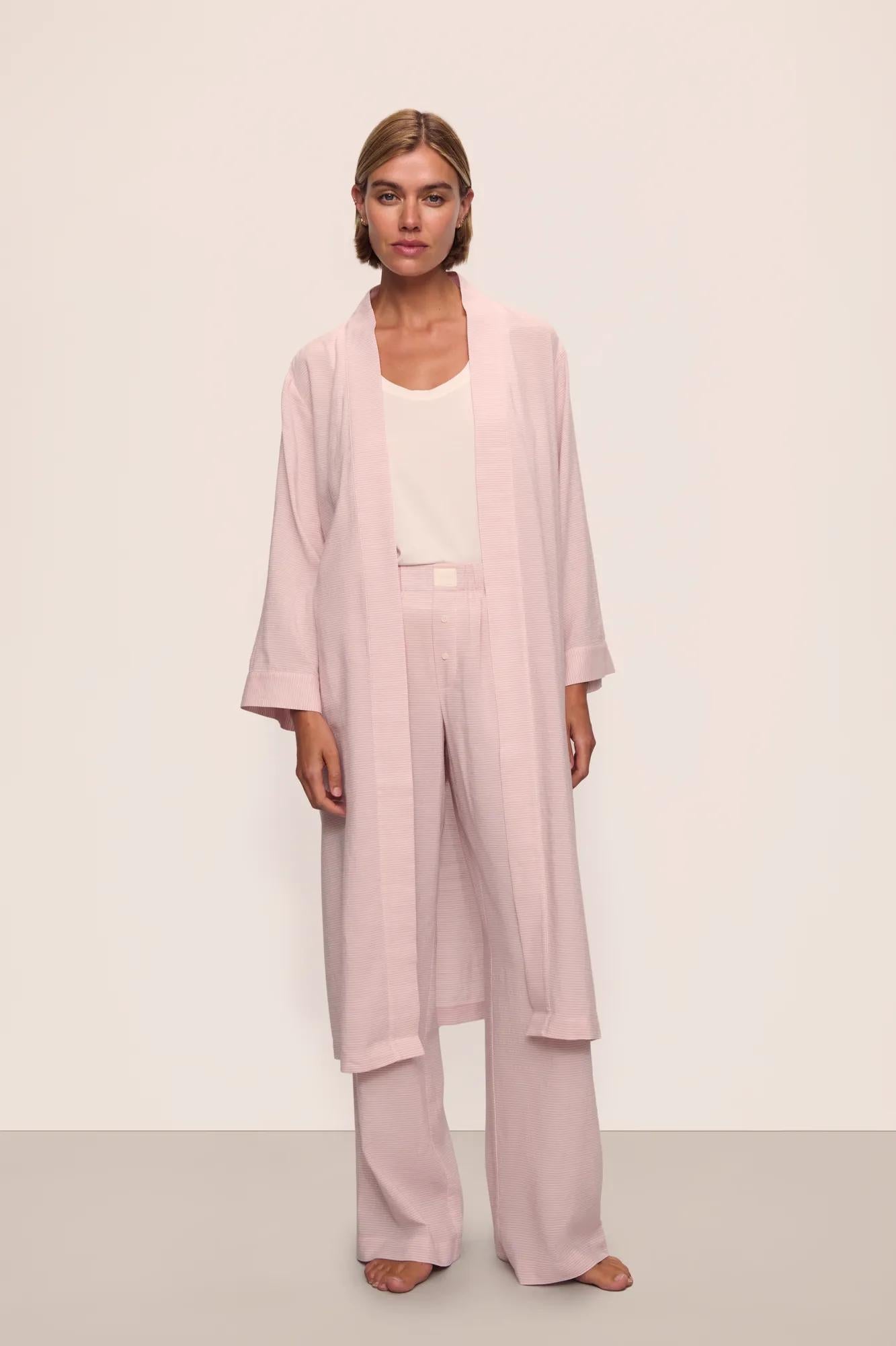 Model is wearing Nautico Midi Robe in  Feeder Stripes Pale Mauve/White