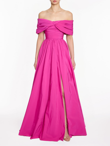 Off Shoulder Draped Sleeve Ball Gown With Slit | Hot Pink