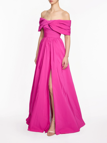 Off Shoulder Draped Sleeve Ball Gown With Slit | Hot Pink