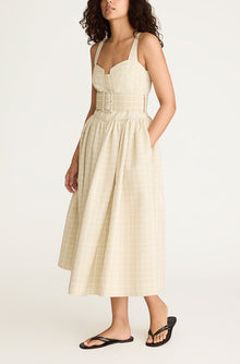 Painterly Windowpane Belted Bustier Dress | Sand Combo
