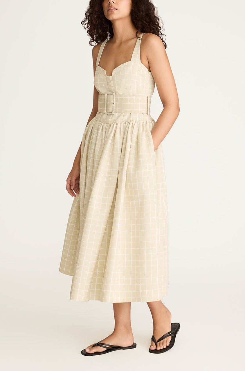 Painterly Windowpane Belted Bustier Dress | Sand Combo